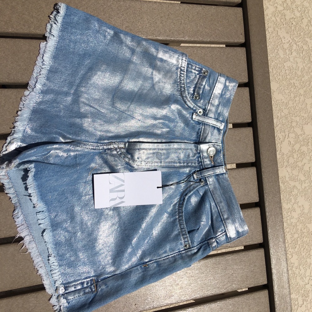 Zara Metallic Blue Denim High-Rise Split Cutoff Festival Boho Shorts SZ 0
